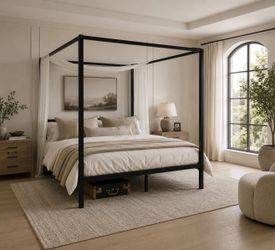 Queen bed Canopy Bed Frame with Heavy Duty Metal Slats, Black Modern Minimalist Design Four-Poster, Under-Bed Storage Space, Mattress Foundation, No B