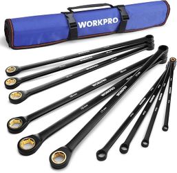 WORKPRO Extra Long Ratcheting Wrench Set, 10-Piece Anti-Slip Double Box Wrenches Set, Metric 8-19