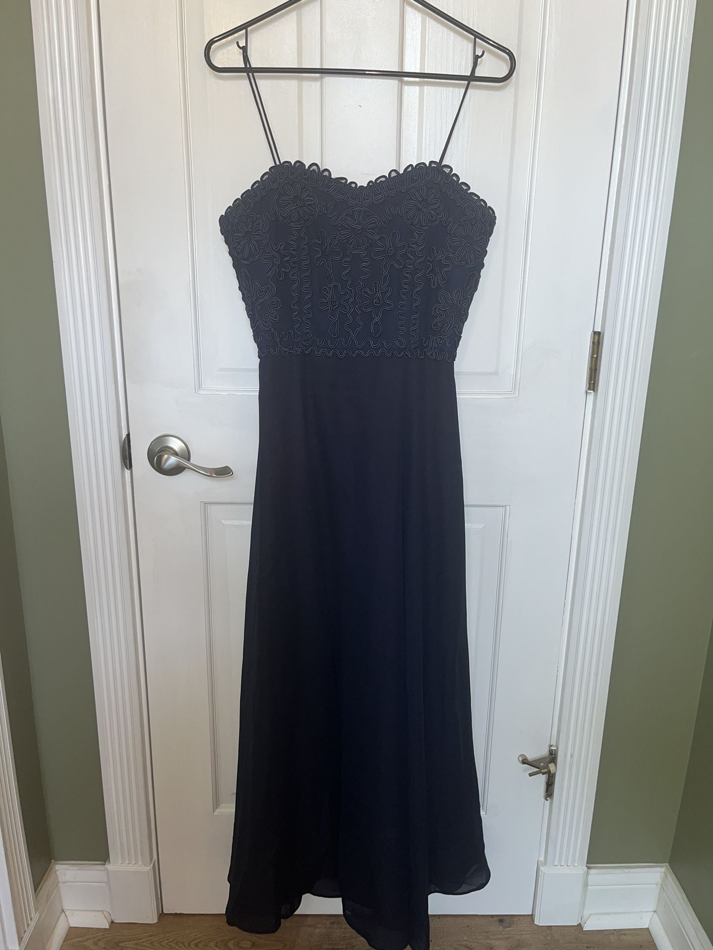 Navy blue embroidered evening gown with chiffon shawl