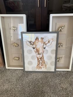 Safari / Animal Nursery Wall Art Set – 3 Pieces – Shadow Boxes + Giraffe