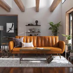Camel Faux Leather Convertible Futon