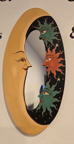 Sun and Moon Mirror: Carved Wooden Celestial Decor