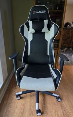 High Back Faux leather black & white "S-Racer" gaming chair with matching headrest.