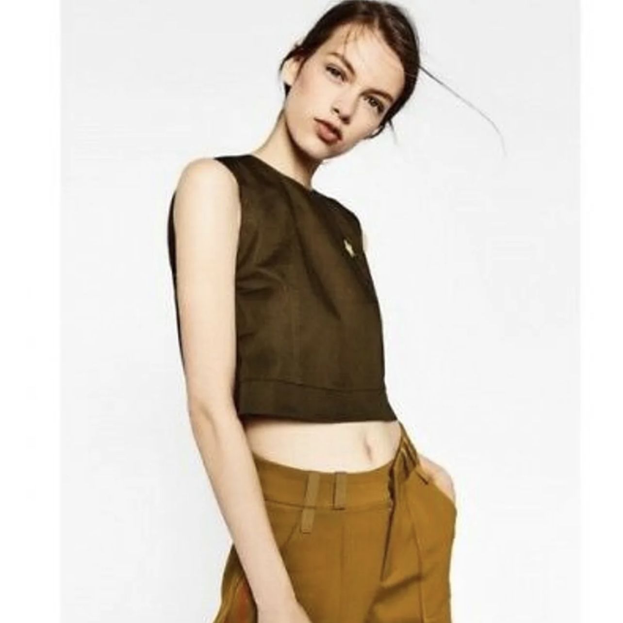 ZARA Metal Star Dark Amry Green Halter Crop Tank Top