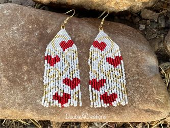 Red Hearts With Gold Scroll Beaded Earrings, New, Handmade By Me