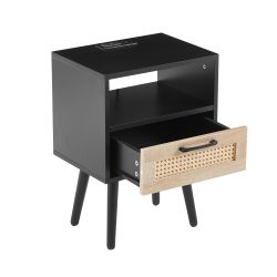 15.75 Rattan End table with Power Outlet & USB Ports , Modern nightstand with drawer and solid wood legs, side table for living room, bedroom,black
