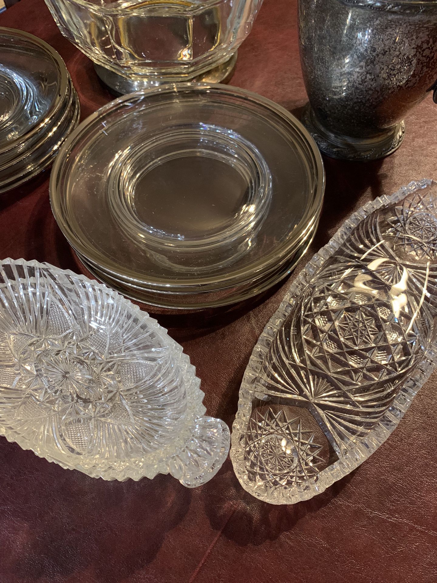 Fostoria 7 Crystal Trays, 8 Silver Plated Plates, 1 Silver Plated Fruit Bowl, (1 Silver Plated Pitcher Evandale WM Roger’s)