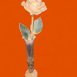 Vintage Gold Plated Ceramic Rose With Glass And Gold- Colored Vase