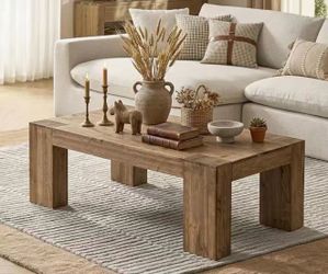 GL0047 Rectangular 55.12 Inches Solid Wood Coffee Table with Heavy-Duty Legs for Living Room, Office, Brow