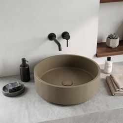 Coco Concrete Vessel Sink, 16 Inch Round Stripe Design Bathroom Basin in Terra Taupe, Handmade Countertop Basin with Matching Concrete Drain Cap, Mode