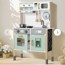 Play Kitchen Wooden Kids Kitchen Playset Pretending Toys for Toddlers with Real Lights & Sounds, 3 Heights Adjustable, Chalkboard, 35Pcs Toy Food & Co