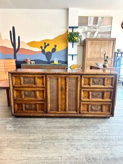 Vintage Dresser / Buffet / Bamboo & Cane Sideboard / Entertainment Center / Tv Stand