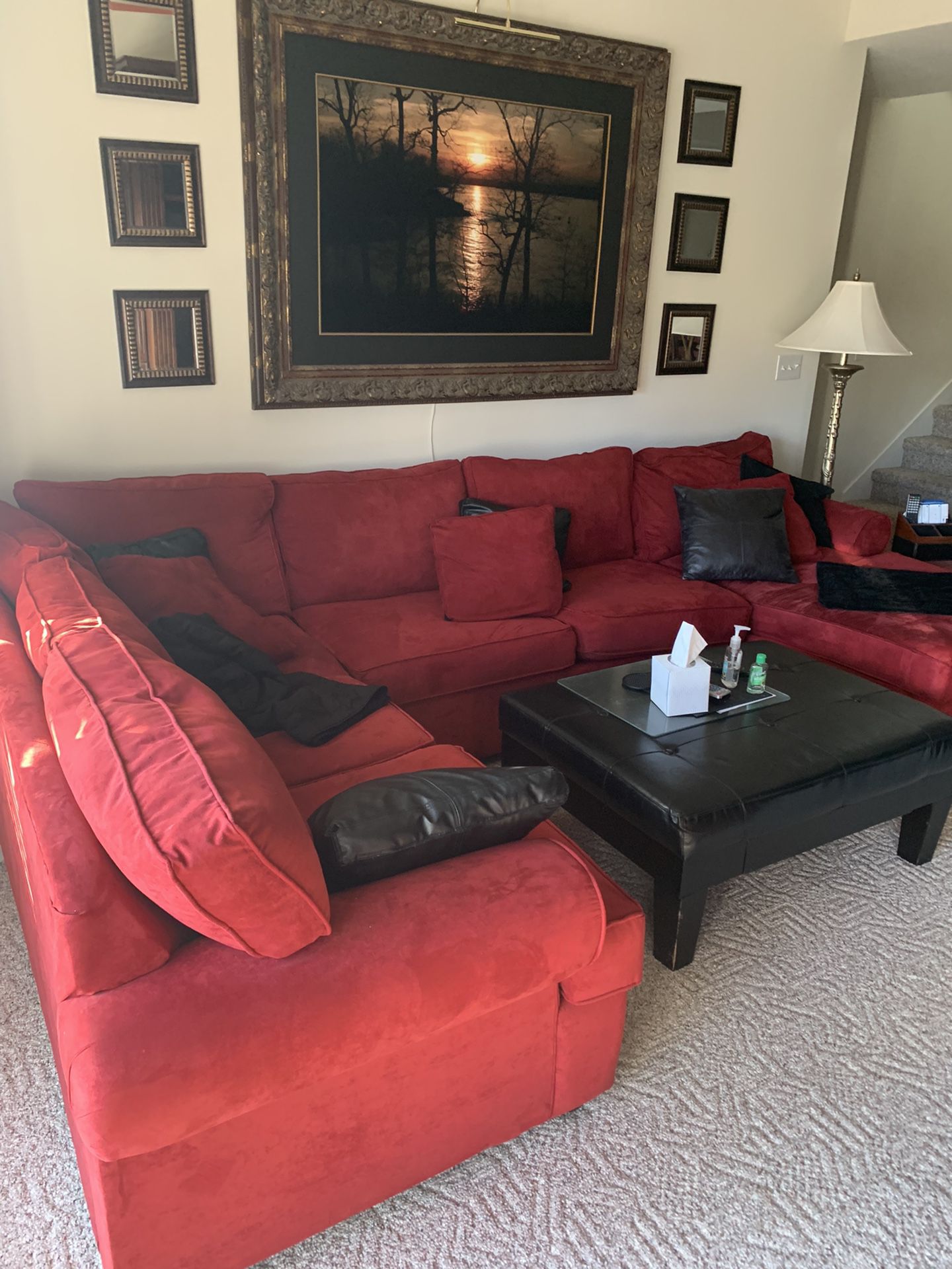 Large Red 3 Piece  Sectional with Lounge  End