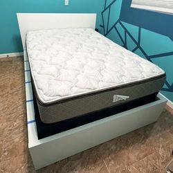 White Full-Size High Bed Frame w/ Storage + Mattress & Box Spring