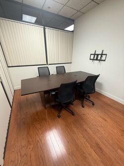Large Dark Wood Office Conference Table + 4 Mesh Rolling Chairs Set