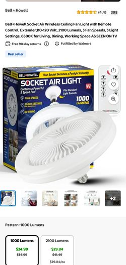 Bell+Howell SocketAir Wireless Ceiling Fan Light with Remote Control, Extender,110-120 Volt, 2100 Lumens, 3 Fan Speeds, 3 Light Settings, 6500K for Li