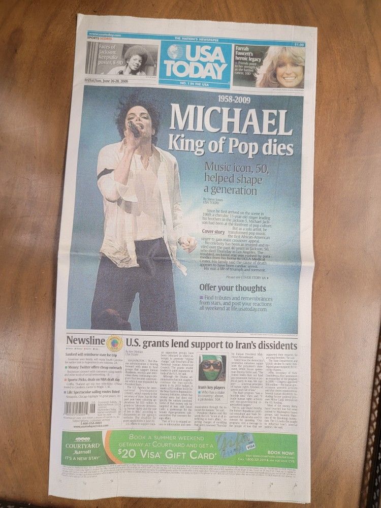 USA Today - Michael King of Pop Dies - Newspaper