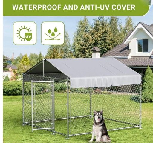 New in box Large Dog kennel with tarp, Oxford cloth UV water resistant Roof Cover Galvanized large dog Kennel 6.6' x 6.6' x 6ft