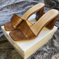 Tan Square Toe High Heel Mules PLT