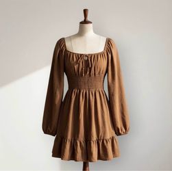 Brown Long Sleeve Smocked Waist Ruffle Hem Mini Dress size small