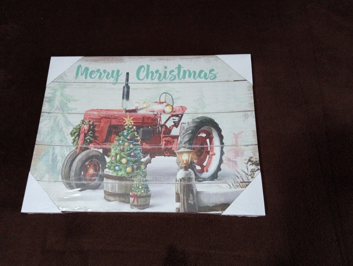NEW / SEALED ~ Light Up Canvas Picture Merry Christmas Farm Tractor w/ Trees 15.5" x 11.5"