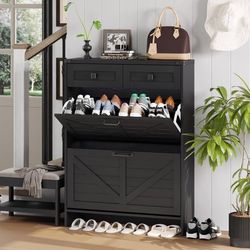 Shoe Cabinet with 2 Flip Drawers & 2 Drawers,Farmhouse Shoe Storage Cabinet for Entryway,Slim Freestanding Narrow Organizer Rack for Front Door Entran