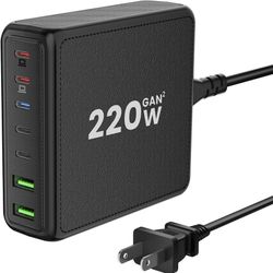 USB C Charger, 220W 7-Port Desktop USB C Charging Station, 2x65W Ports USB C Laptop Charger Compatible with MacBook Pro/Air, iPad Series,iPhone 14/13/