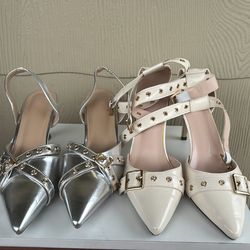 Silver Metallic Slingback Heels & Cream Studded Strap Heels
