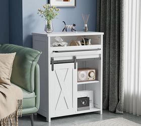 NEW!! - White Farmhouse Storage Cabinet – Sliding Barn Door & Pull-Out Tray - White