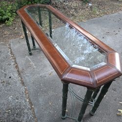 Vintage Neoclassical Cast Iron & Glass Console Sofa Table – Gold Tooled Border