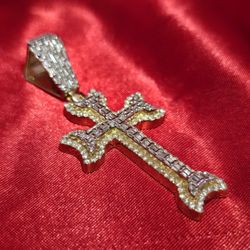 10k Yellow Gold Diamond Baguette Style Cross Pendant 1.80 ctw