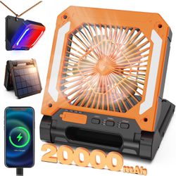 20000mAh Rechargeable Solar Powered Portable Fan with Led Lantern, 3 Speeds Cordless Battery Operated Camping Fan with PowerBank,Timer, Hangble & Quie