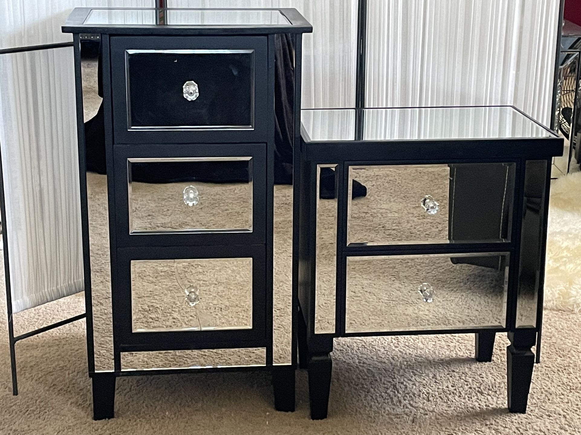 2 BLACK AND MIRROR CABINETS
