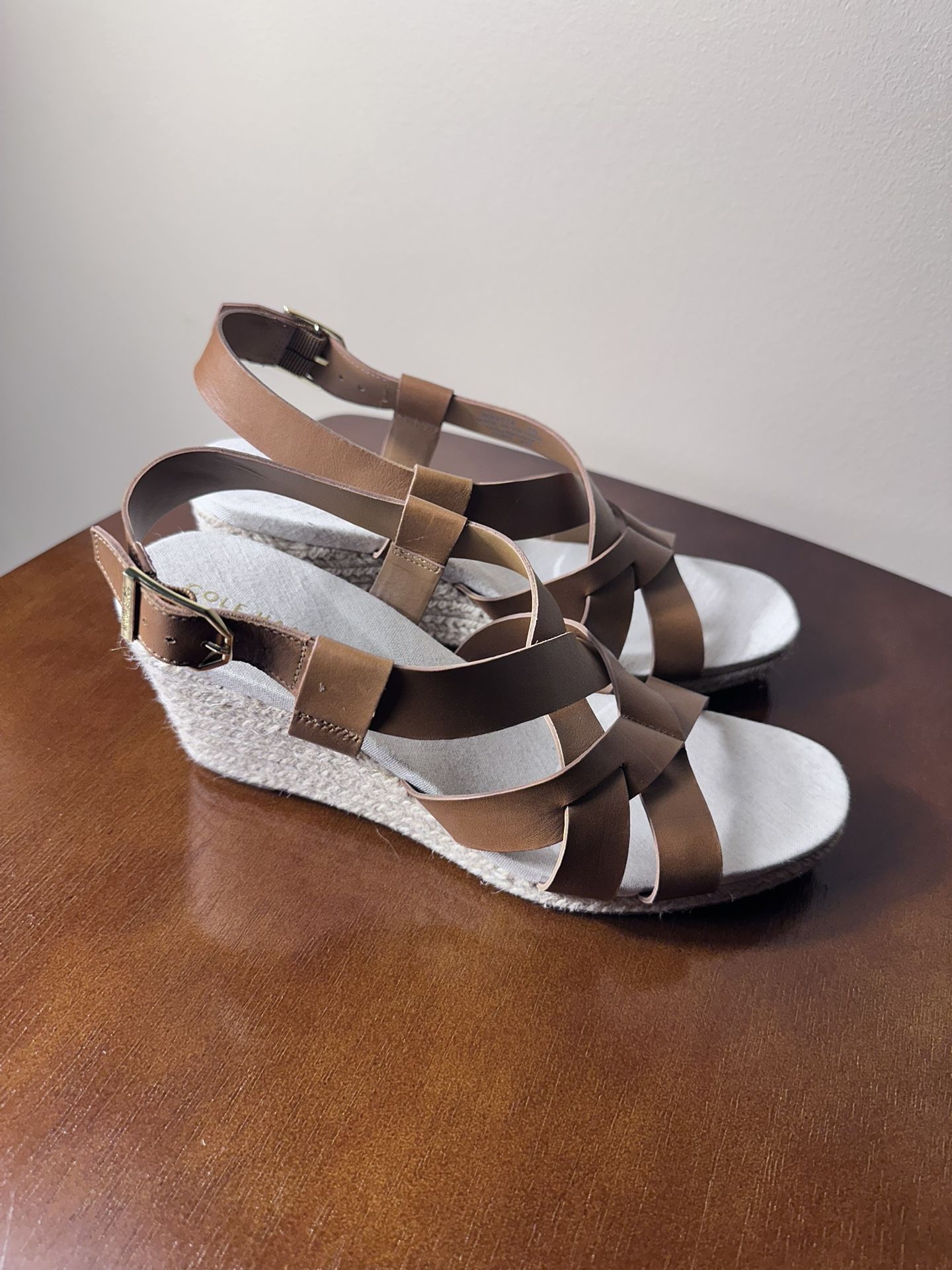 Cole Haan Women's Crystal Espadrille Wedge Sandals with brown leather straps.