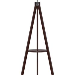 704#LEPOWER Tripod Floor Lamp, Mid Century Wood Standing Lamp, Modern Design Shelf Floor Lamp for Living Room, Bedroom, Office, Flaxen Lamp Shade with