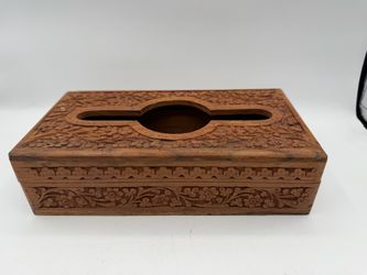 Vintage Carved Wooden Wood India Tissue Kleenex Hinged Box