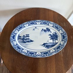 Canton Blue Oval Serving Platter 14" Blue and White Hand Painted Scenic Design.