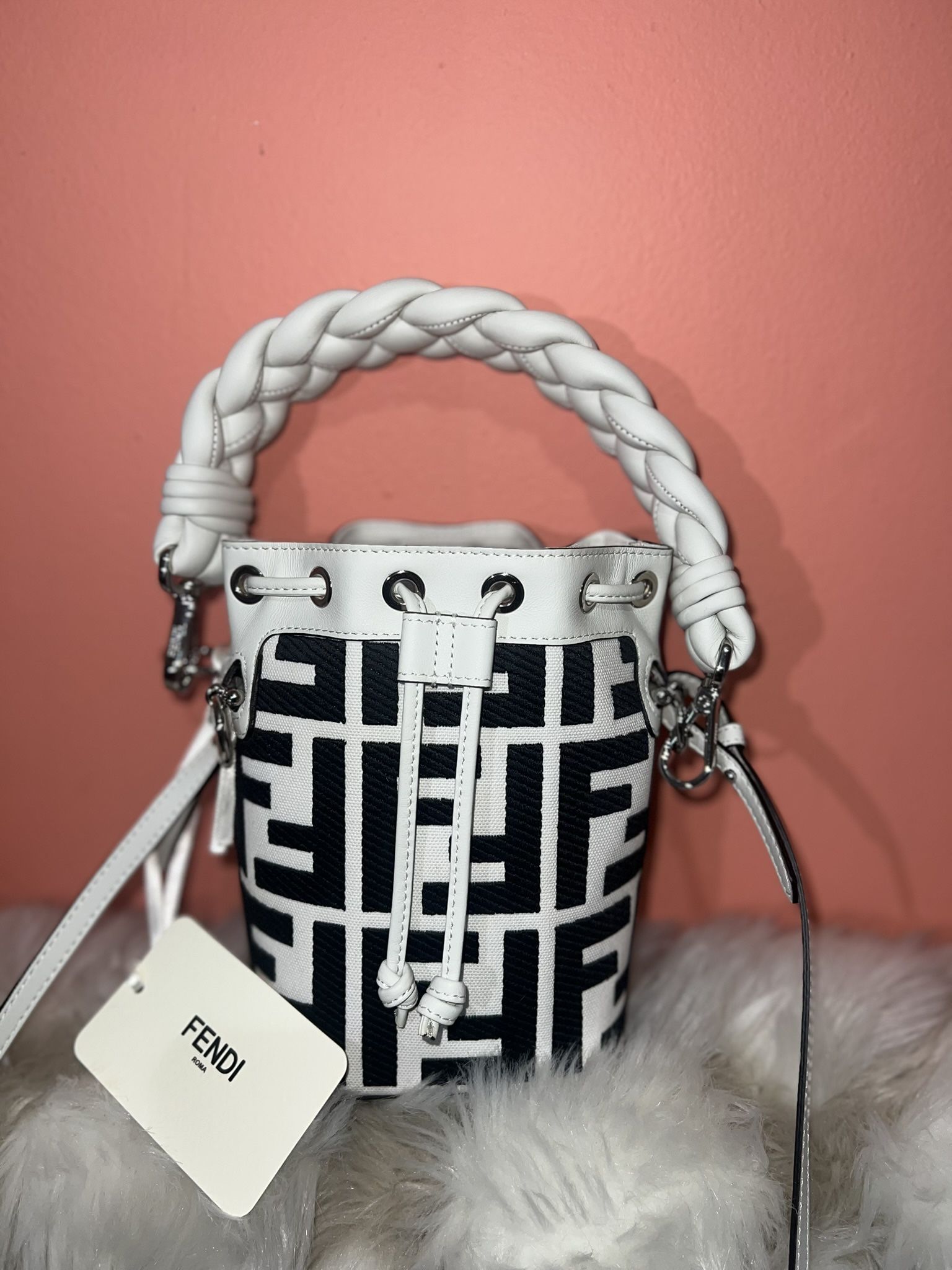 Canvas Nappa F is Fendi FF Embroidered Mini Mon Tresor Bucket Bag White Black