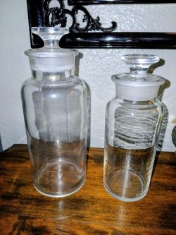 2 Apothecary Chemist Glass Ground Neck And Stoppers 