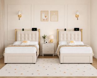Set of 2pcs Twin Size Bed Frame with Storage Drawer and Charging Station, LED Bed Frame with Crystal-Button Tufted Headboard, Beige