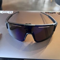 Batwolf Style Wraparound Sunglasses Black Frame Blue Mirror Lens Used