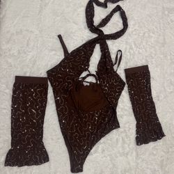 New 2xl brown sequin bodysuit arm sleeve boho rave festival outfit top dress