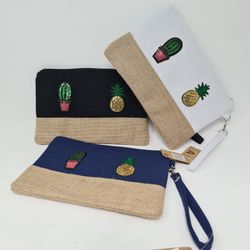 Set Of 3 Patchwork Sequin canvas Wristlets Pineapple Cactus Large Clutch 