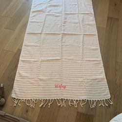 Large Pink And White Striped “Wifey” Embroidered Beach Towel With Fringe 
