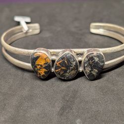 Sterling Silver And Blackjack Turquoise Adjustable Cuff Size 7.5 Inches