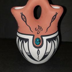 Signed Southwestern Pottery Vase - Small Wedding Vase with Turquoise style Stone