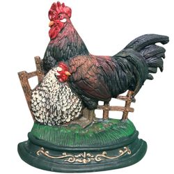 Vintage Cast Iron Rooster & Hen Door Stop Doorstop Farm Scene Figurine Statue Decor 12.5”