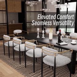 Mid-Century Modern Boucle Dining Chairs Set of 6, Brushed Gold Armchairs with Black Metal Legs and Upholstered Cushion, Sherpa Accent Chairs for Livin