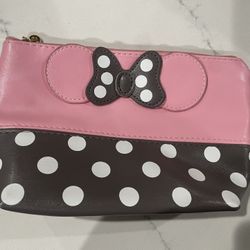 Disney Minnie Mouse Pink gray W/ polka dots ears wristlet Bag Glittery Keychain