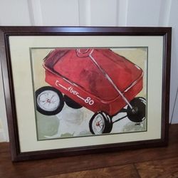 Julia GILMORE Radio Flyer Red Wagon Framed Large Print 26-3/8" Vintage Wall Decor Collectible Art.